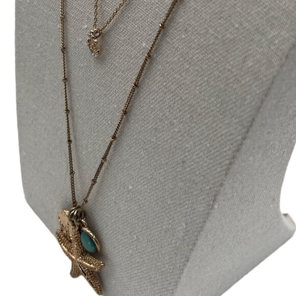 Layered Gold Necklace With Charms - Starfish Anchor & Blue Gem Summer Beach M10 - Picture 3 of 6